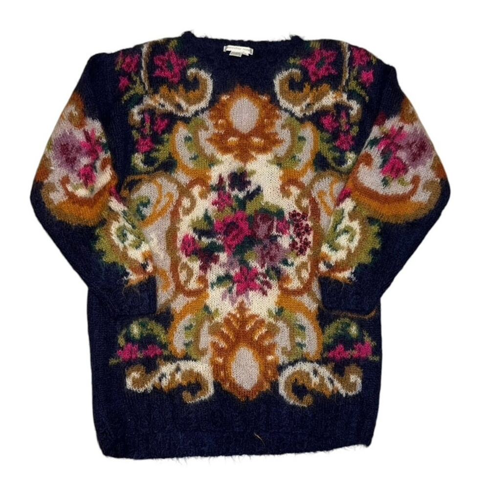 VTG Jennifer Reed Mohair Sweater L Navy Floral Tapestry Cottagecore Boho Grandma